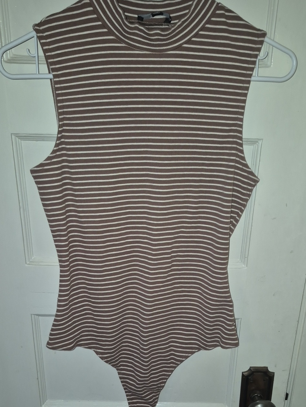 Lulu's Taupe and White Striped Mock Neck Sleeveless Bodysuit
